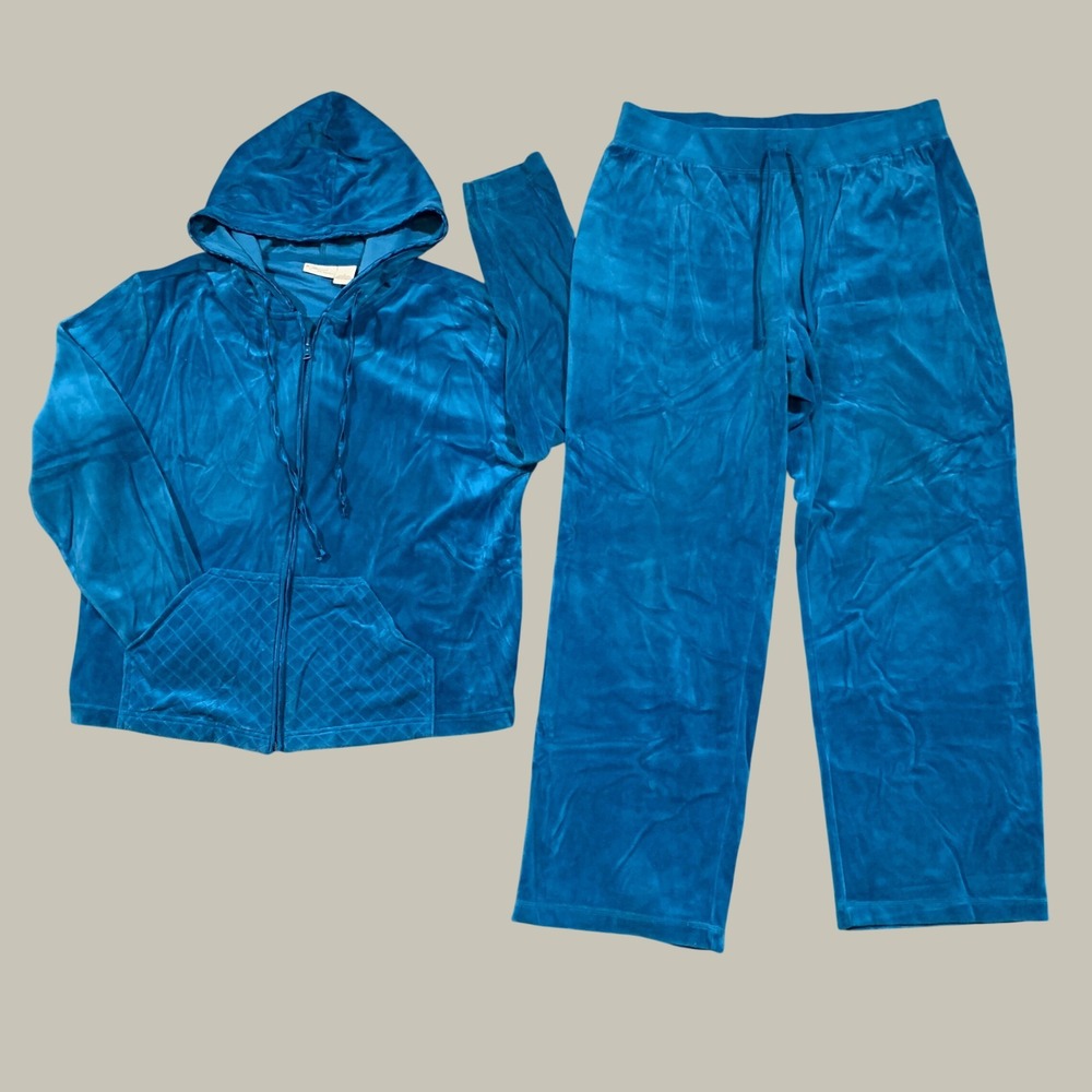 Kim Rogers Tracksuit Women L/XL Blue Velour Zip Hoodie Pants Set Y2K Athleisure